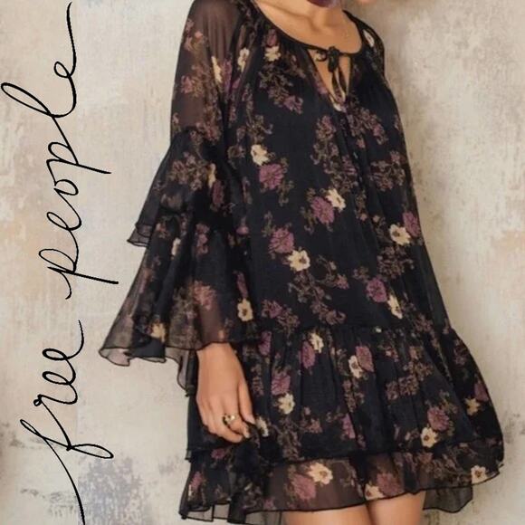 FREE PEOPLE Boho Tiered Ruffle Black Floral Mini Dress/ Tunic Top - Picture 1 of 13